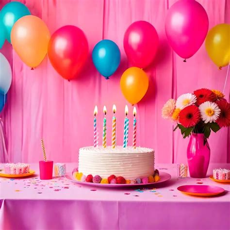 Premium Photo Happy Birthday Cake Balloons Candles And Confetti