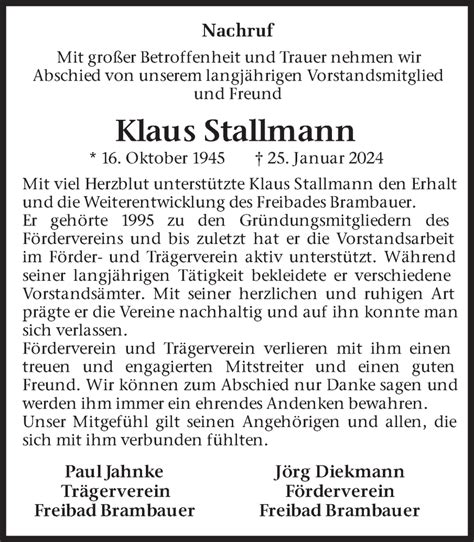 Traueranzeigen Von Klaus Stallmann Sich Erinnern De