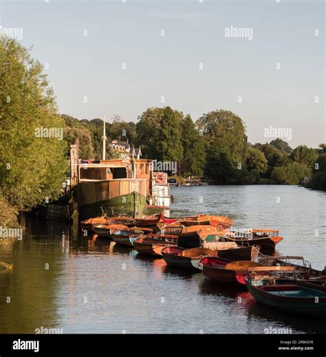 Rowing Boats Moored Near Richmond Bridge On The River Thames At