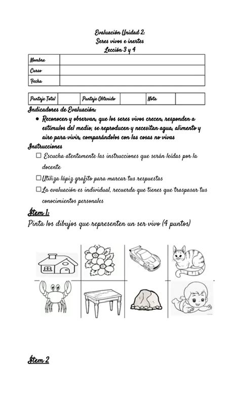 Evaluación Unidad 2 Seres vivos e inertes Lección 3 y 4 profe social