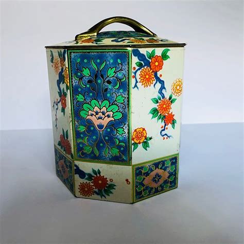 Vintage Octagon Tin Box With Handle Ornate With Flowers Metal Box Company Mansfield England