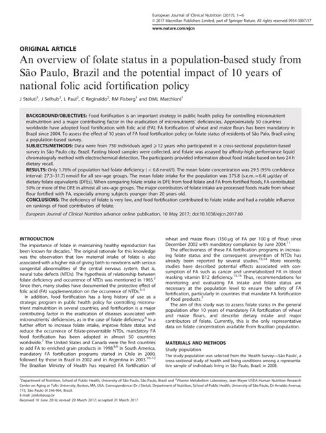 Pdf An Overview Of Folate Status In A Population Based Study From São