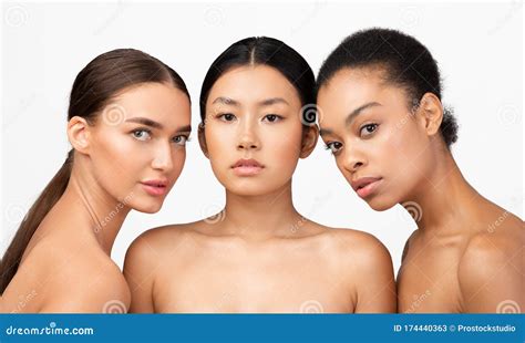 Three Sensual Models Girls Posing Naked Over White Studio Background Stock Image Image Of