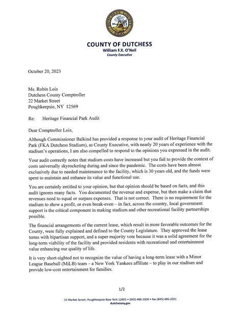 County Executive William Fx Oneil Letter To Comptroller Robin Lois