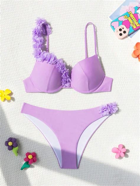 SHEIN Swim SXY Conjunto De Bikini De Mujer Con Parche De Unicolor Y Flores En D Para Playa De