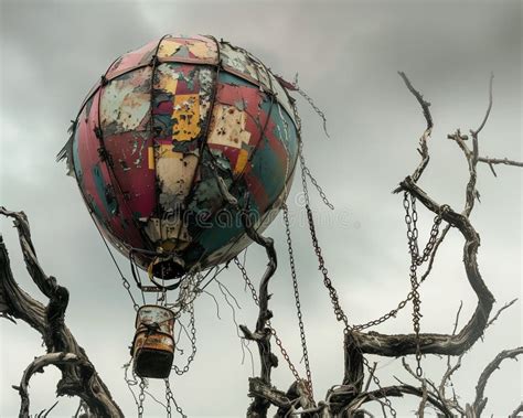 AI Generated Illustration Of A Weathered Hot Air Balloon Chained To A
