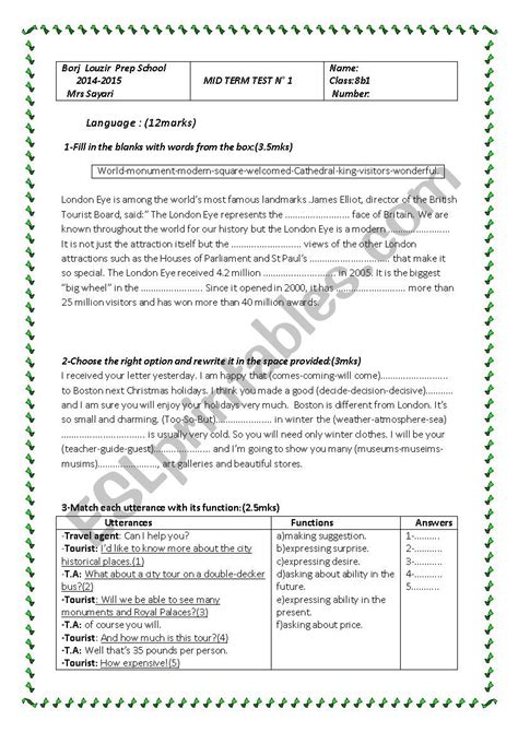 Mid Term Test N Th Form Tunisian Schools Esl Worksheet By Chadlia