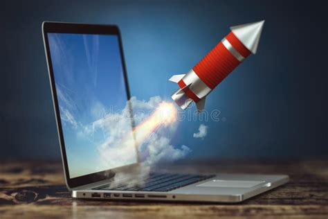 Rocket Launch From Laptop Launching Start Up Or New Business Project