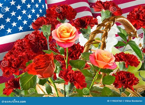 Image Of American Flag And Flowers Close Up Stock Photo Image Of