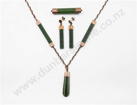 Greenstone Necklace And Earring Set With Brooch Necklace Chain