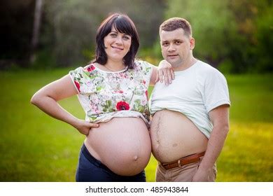 Pregnant Naked Belly Touches Men Outdoor Stock Photo Shutterstock