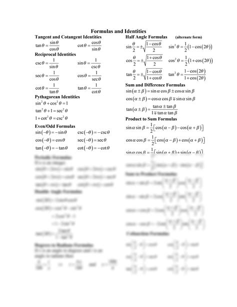 Solution Trigonometric Formula Sheet Studypool