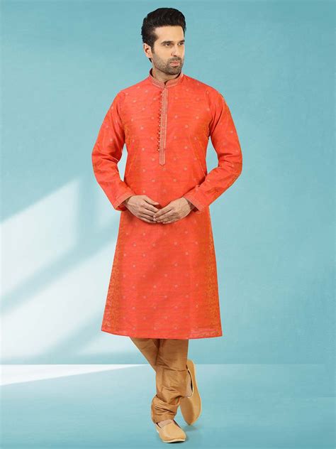 Rust Colour Jacquard Brocade Silk Readymade Kurta Pajama