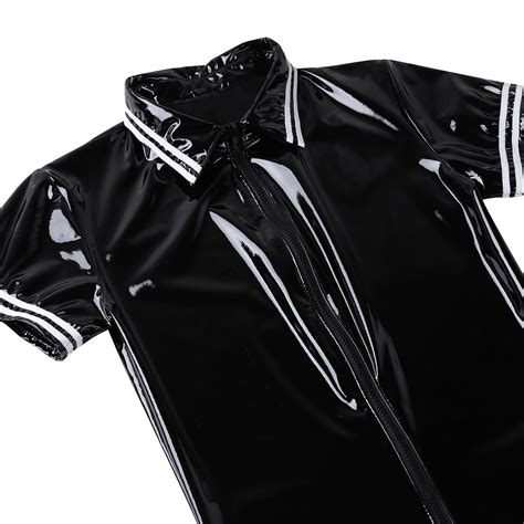 Sexy Latex Lingerie Bodysuit For Men One Piece Wet Look Patent Leather Front Zipper Boxer Briefs