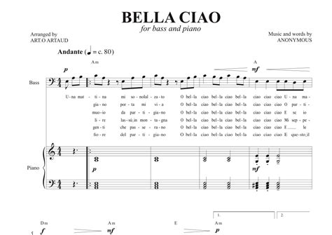 Bella Ciao Arr Arto Artaud By Anonymous Sheet Music For Piano