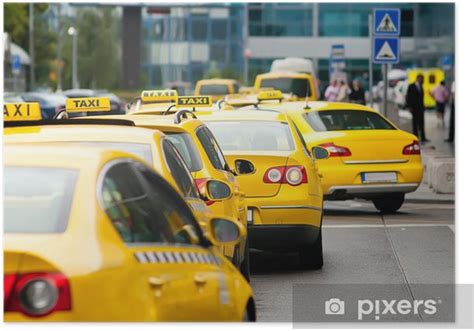 Poster Yellow Taxi Cabs Waiting In Front Of Airport Terminal Pixersus