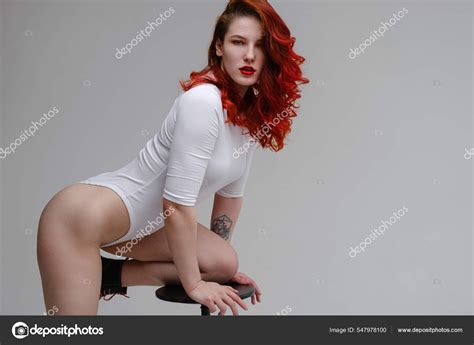 Sexy Woman Long Red Hair Posing White Lingerie White Studio Stock Photo Selenittt 547978100