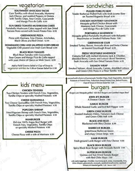 Menu at GreenHouse Restaurant, Denton