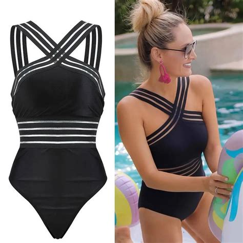 Bikini Bandage De Una Pieza Para Mujer Traje De Ba O Sexy A Rayas Negras Monokini De Realce