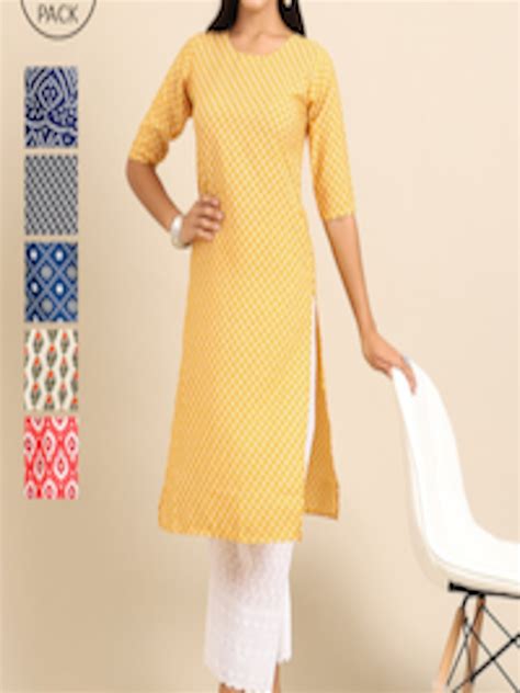 Buy Kalini Women Pack Of 6 Yellow And Blue Printed Crepe Kurta Kurtas For Women 19623710 Myntra