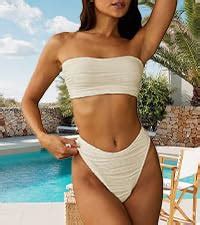 Amazon ZAFUL Women Strapless Ribbed High Cut Bandeau Bikini Lace Up Pieces Swimwear