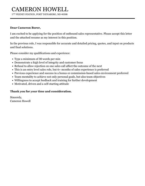 Outbound Sales Representative Cover Letter Velvet Jobs