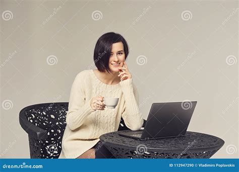Brunette Female In Pantyhose Using Laptop Stock Photo Image Of Beauty Fashionable