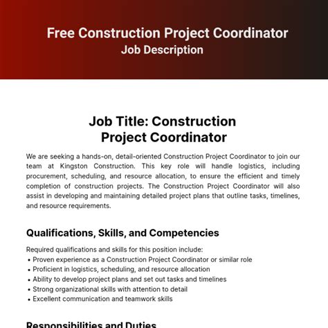 Free Construction Project Coordinator Job Description Template Edit