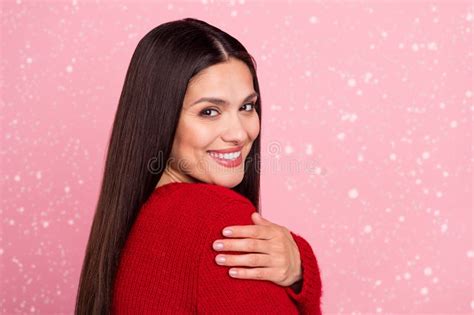 Profile Photo Of Sweet Brunette Lady Hug Herself Wear Red Sweater Isolated On Pink Color