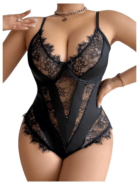 Soly Hux Women S Plus Size Lingerie Sexy Bodysuit Lace Sheer One Piece Cami Teddy Babydoll