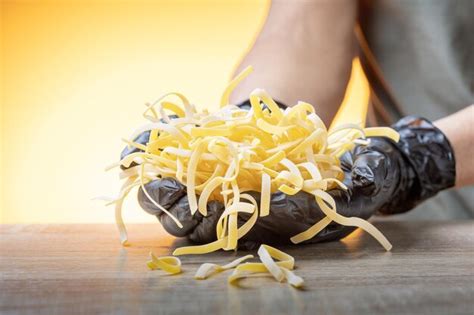 Premium Photo Female Hands In Gloves Holding Pasta Uncooked Homemade