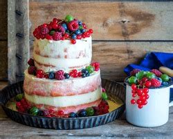 Two Tiered White Semi Naked Cake With Fresh Berries For A Wedding Or A Party A Food Drink
