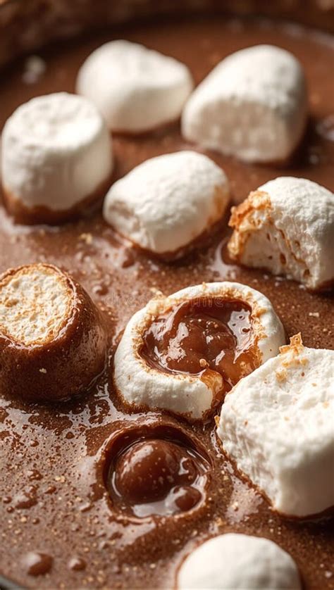 Close Up Of Hot Chocolate Topped With Melting Marshmallows Creating A Tempting Swirl Stock