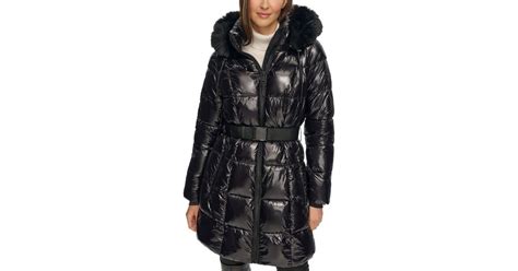 Dkny Belted Faux Fur Trim Hooded Puffer Coat In Black Lyst