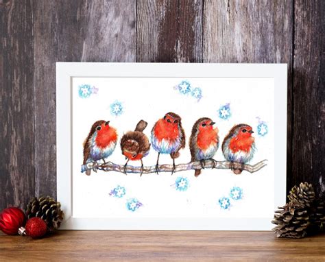 Christmas Robins In A Row Watercolour Painting Robin Etsy