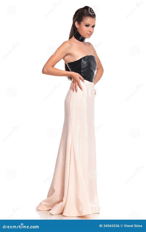 Side View Of A Young Woman In Long Evening Dress Stock Photo Image Of