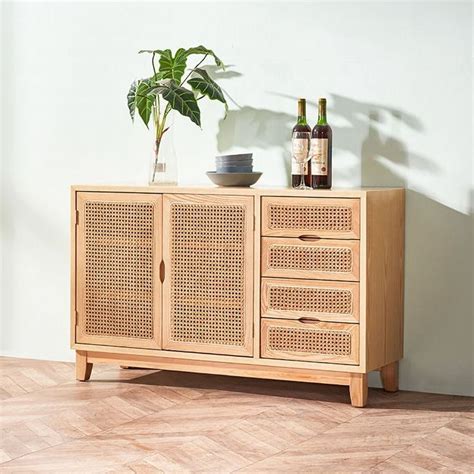 47 Japandi Natural Sideboard Buffet Rattan Kitchen Cabinet With Doors