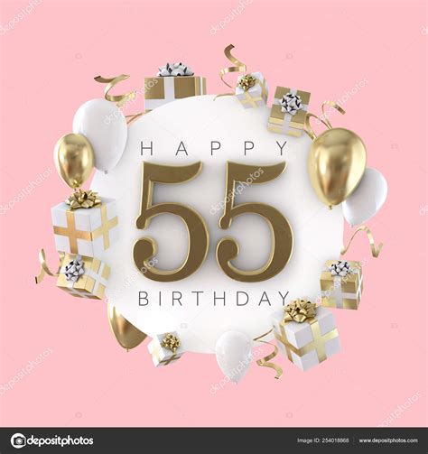 Happy 55th Birthday Party Composition With Balloons And Presents 3d