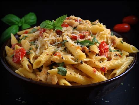 Premium AI Image A Bowl Of Penne Pasta With Chicken And Basil