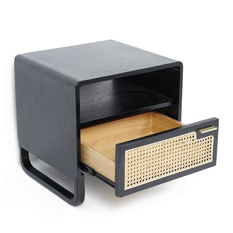 Minimalist Black Nightstand Rattan Woven Bedside Table With Drawer Homary