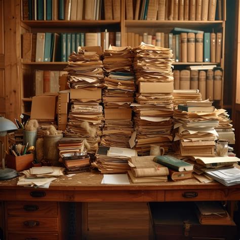 Premium Photo Stacks Of Old Books And Papers In A Messy Wooden Desk