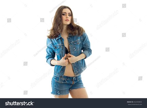 Beautiful Sexy Brunette Jeans Suit Poses Stock Photo 652409854 Shutterstock