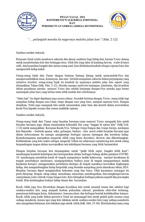 Pesan Natal KWI-PGI Tahun 2022: “… Pulanglah Mereka ke Negerinya