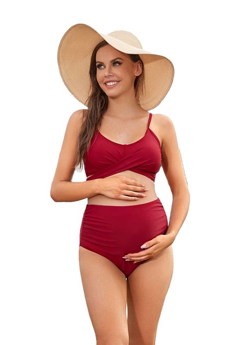 LIORA Women Criss Cross Maternity Bikini High Waist String Floral Two Piece Pregnancy Swimwear