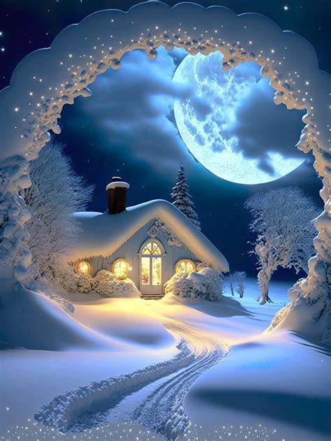 A Snowy Scene With A House In The Middle And A Full Moon Behind It All