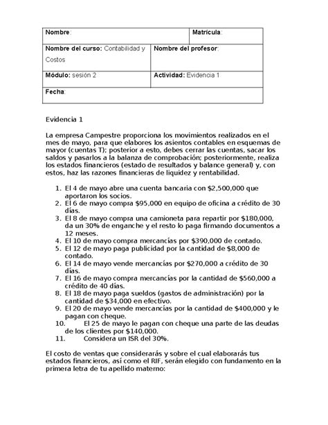 Evidencia Contabilidad Y Costos Evidencia La Empresa Campestre