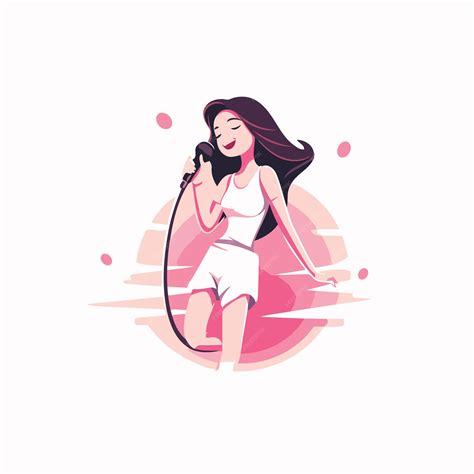 Mujer Joven Cantando Karaoke Con Micrófono Ilustración Vectorial En