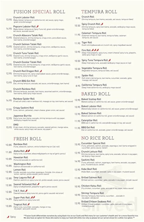 Fusion Sushi menu in Anaheim, California, USA