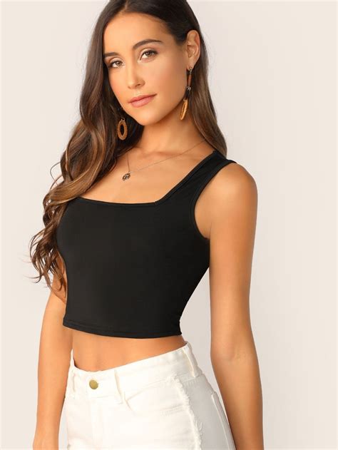 Square Neck Ribbed Crop Tank Top Black Crop Top Tank Black Cropped