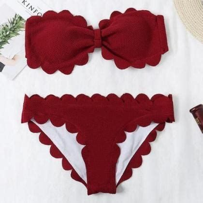 Sexy Pure Red Scalloped Bow Two Piece Bikini Strapless On Luulla